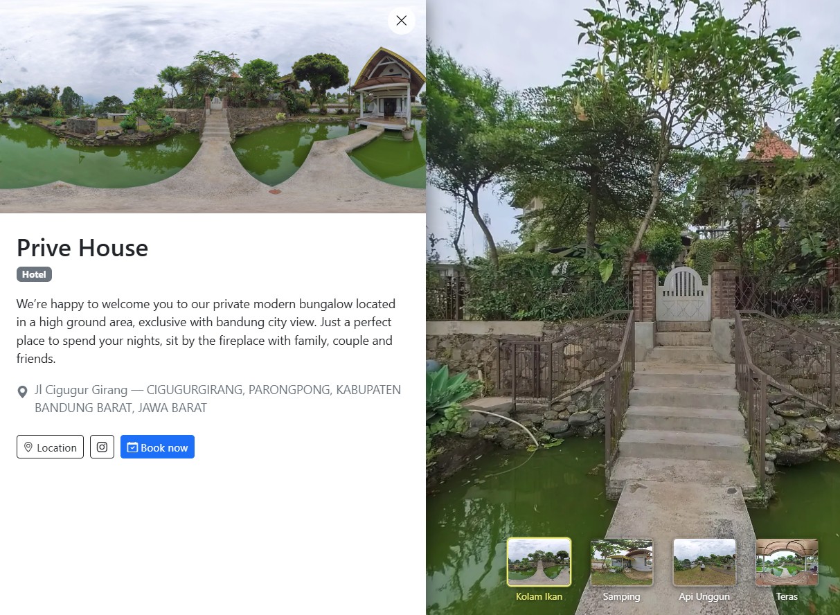 Halaman tour publik Prive House: panel profil lokasi di kiri, panorama 360 derajat dan deretan thumbnail area di kanan.