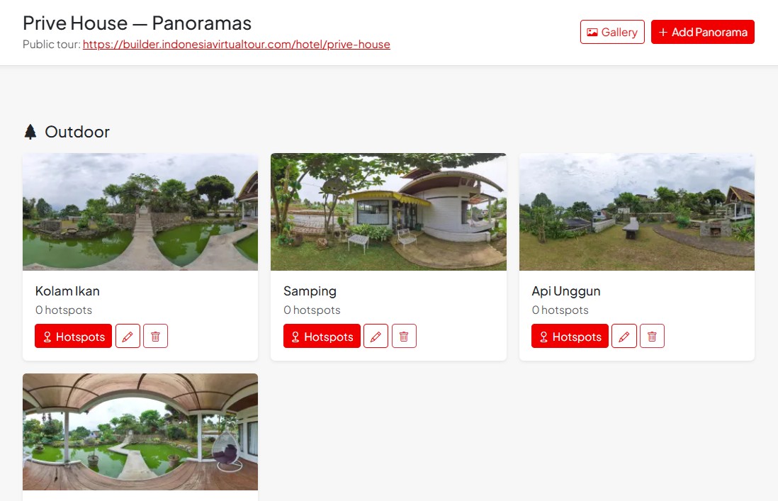 Daftar panorama di Builder, dikelompokkan per area, dengan tombol tambah panorama dan kelola hotspot.