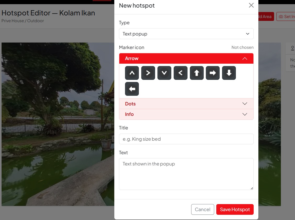 Editor hotspot: dialog pemilihan tipe hotspot, ikon penanda, judul, dan teks popup di atas panorama.