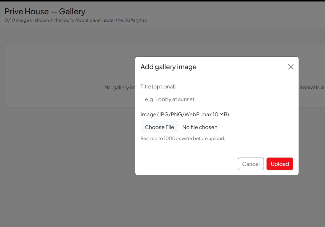 Dialog tambah foto galeri yang akan tampil di panel About virtual tour.