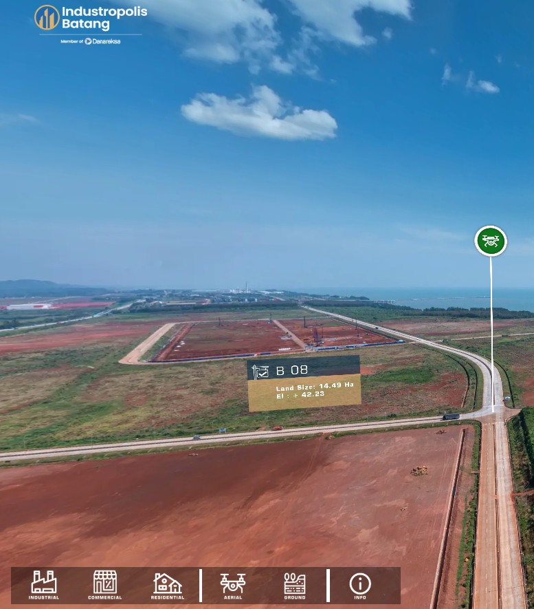 Tampilan virtual tour 360° dengan navigasi dan hotspot interaktif
